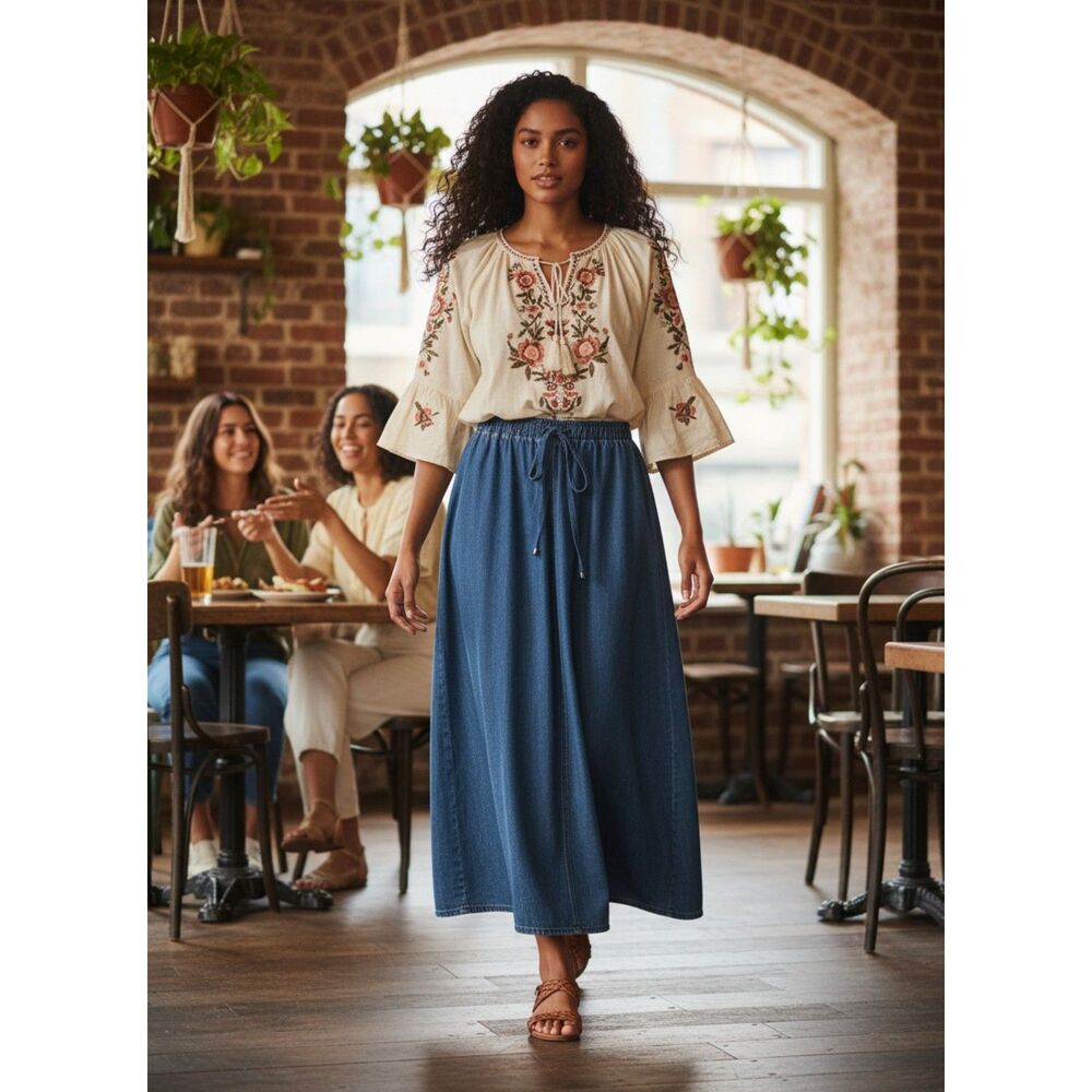 Kate Hill Tencel Denim Maxi Skirt Elastic Waist Side Slit Boho Petite 14P